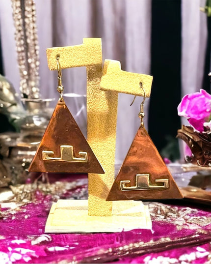 Vinatge Copper Silver Handmade Artist signed Modernist pyramid Toltic earrings