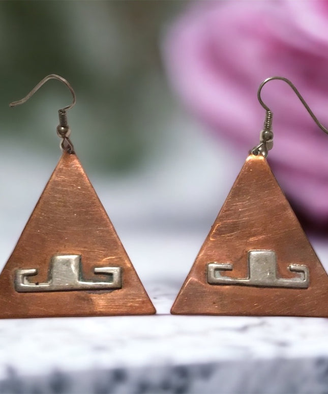 Vinatge Copper Silver Handmade Artist signed Modernist pyramid Toltic earrings