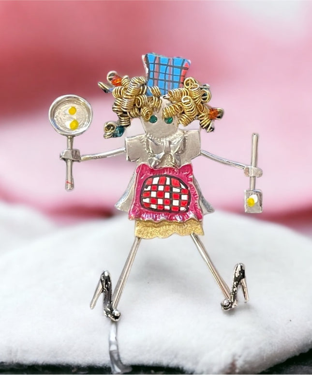 Fun girl cooking baking artesian style brooch Large