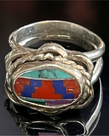 Vintage 1950s Zuni stone Inlay Native American Southwestern Ring rope design