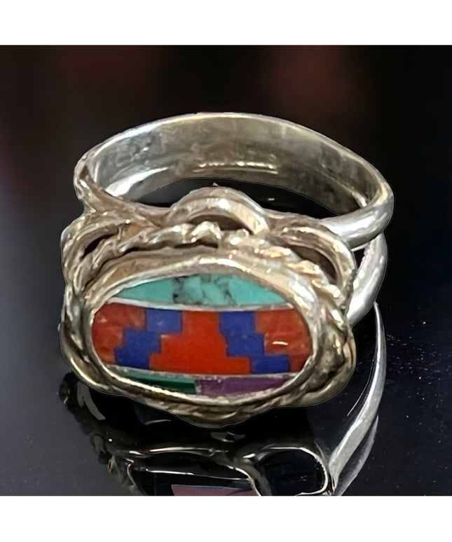 Vintage 1950s Zuni stone Inlay Native American Southwestern Ring rope design