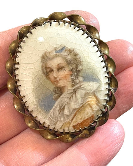 Vintage 1930s Ceramic handpainted antiqued distressed Lady cameo brooch