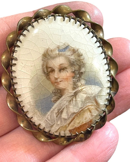 Vintage 1930s Ceramic handpainted antiqued distressed Lady cameo brooch