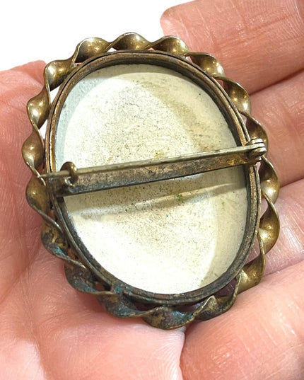 Vintage 1930s Ceramic handpainted antiqued distressed Lady cameo brooch