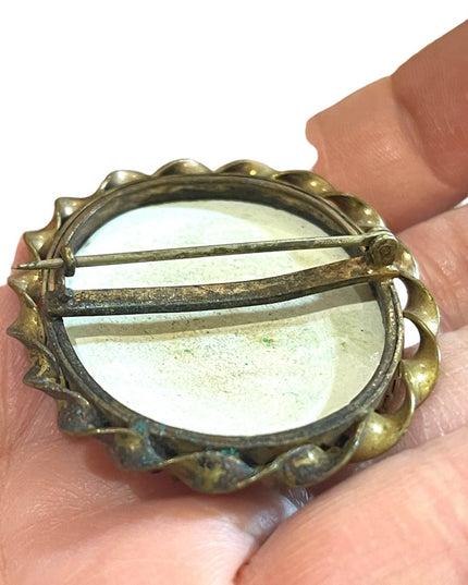 Vintage 1930s Ceramic handpainted antiqued distressed Lady cameo brooch