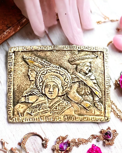 Vintage Traditional Peru Spanish family square handmade brooch sterling 925