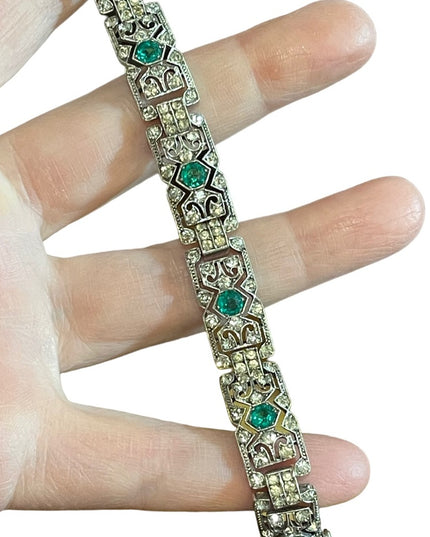 Antique  Sterling silver art deco Green paste stones rhinstone link bracelet