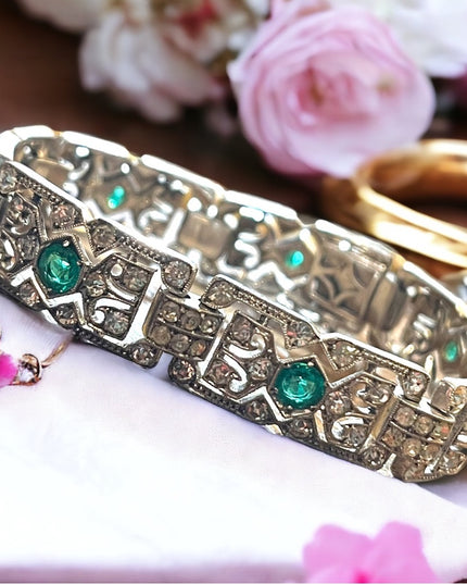 Antique  Sterling silver art deco Green paste stones rhinstone link bracelet