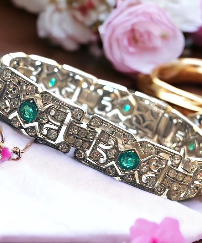 Antique  Sterling silver art deco Green paste stones rhinstone link bracelet