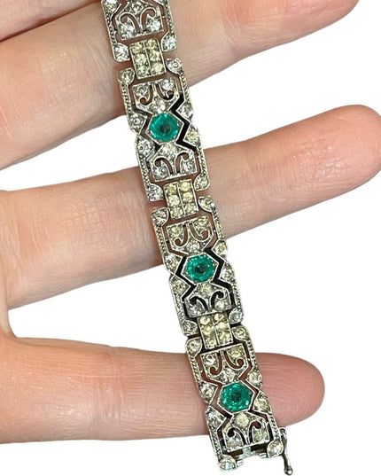 Antique  Sterling silver art deco Green paste stones rhinstone link bracelet