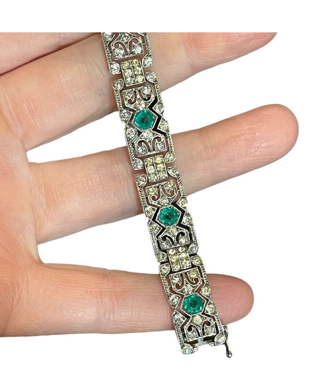 Antique  Sterling silver art deco Green paste stones rhinstone link bracelet
