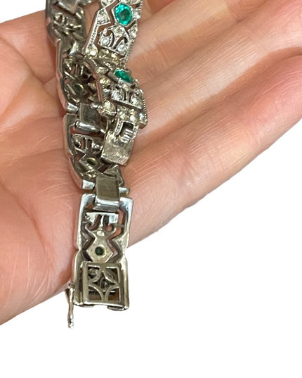 Antique  Sterling silver art deco Green paste stones rhinstone link bracelet