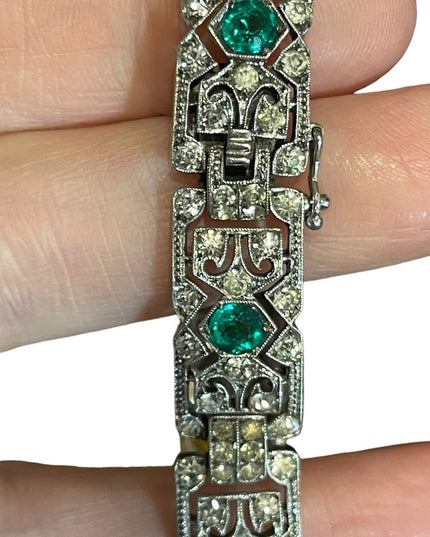 Antique  Sterling silver art deco Green paste stones rhinstone link bracelet