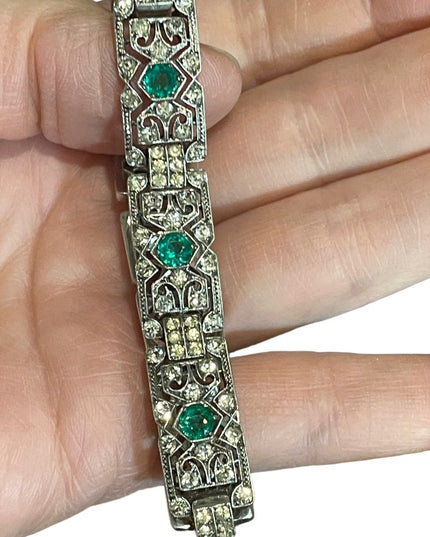 Antique  Sterling silver art deco Green paste stones rhinstone link bracelet