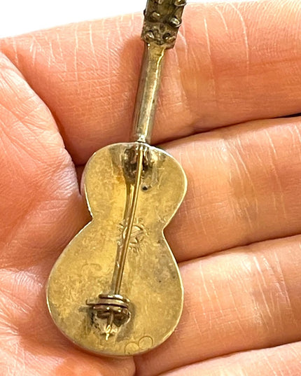 Vintage sterling silver primitive Taxco EID figural guitar pin brooch Mexico