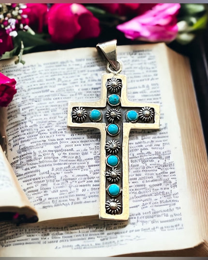Vintage Mexico primitive Turquoise southwestern sterling 925 CROSS pendant