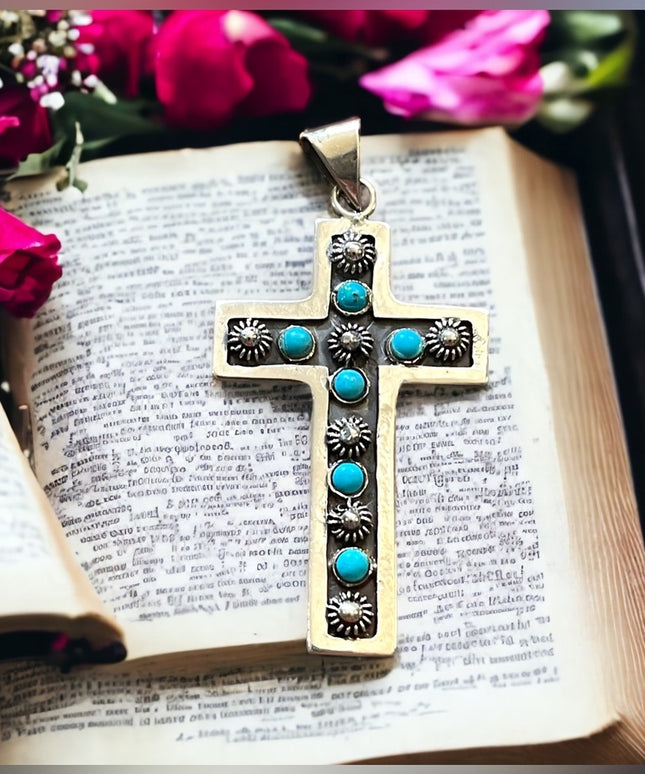 Vintage Mexico primitive Turquoise southwestern sterling 925 CROSS pendant