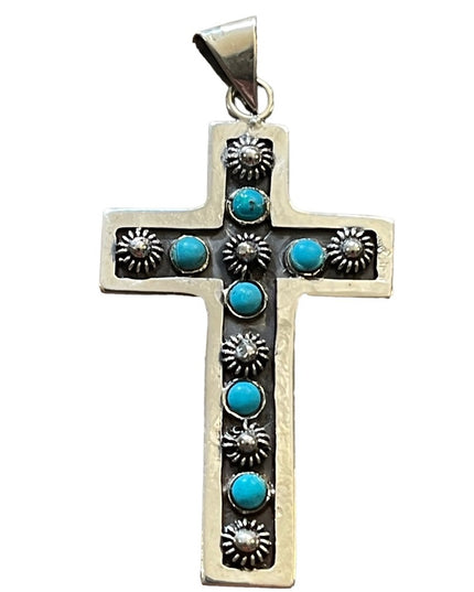 Vintage Mexico primitive Turquoise southwestern sterling 925 CROSS pendant