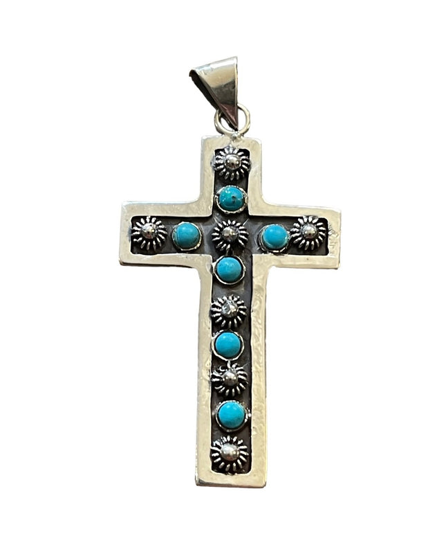 Vintage Mexico primitive Turquoise southwestern sterling 925 CROSS pendant