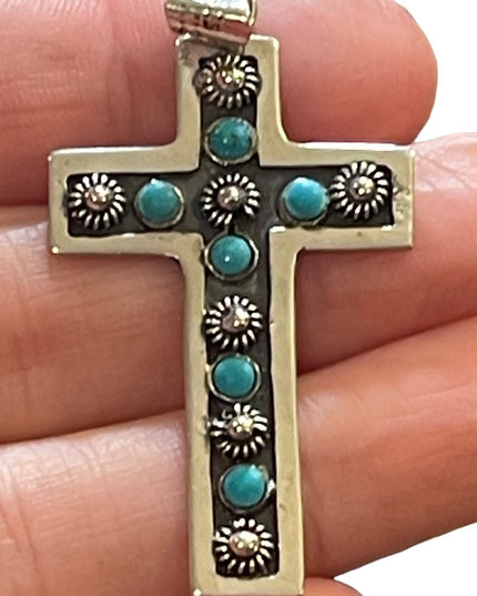 Vintage Mexico primitive Turquoise southwestern sterling 925 CROSS pendant