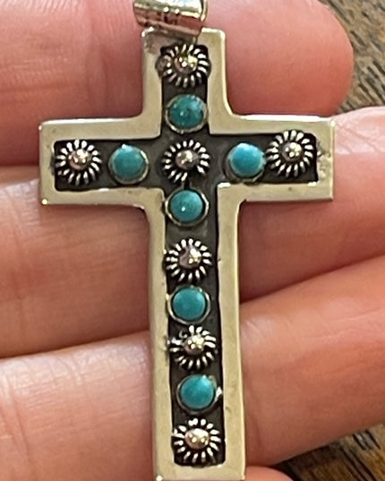 Vintage Mexico primitive Turquoise southwestern sterling 925 CROSS pendant