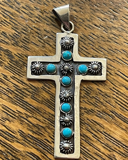 Vintage Mexico primitive Turquoise southwestern sterling 925 CROSS pendant