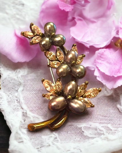 Antique Art Deco 888 Sterling Silver gold pl Pearl Rhinestone Fancy leaf brooch