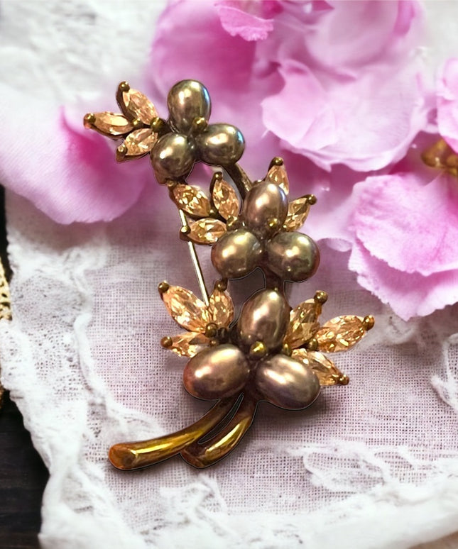 Antique Art Deco 888 Sterling Silver gold pl Pearl Rhinestone Fancy leaf brooch