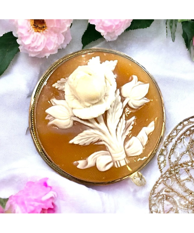 Vintage Sterling silver High relief Round flower cameo Brooch