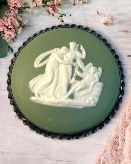 Vintage sterling silver green large ceramic cameo angels cherubs Wedgewood