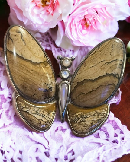 Lovely Butterfly Jasper Stone MOP Pearl Pendant Charm Sterling Silver 925 WK