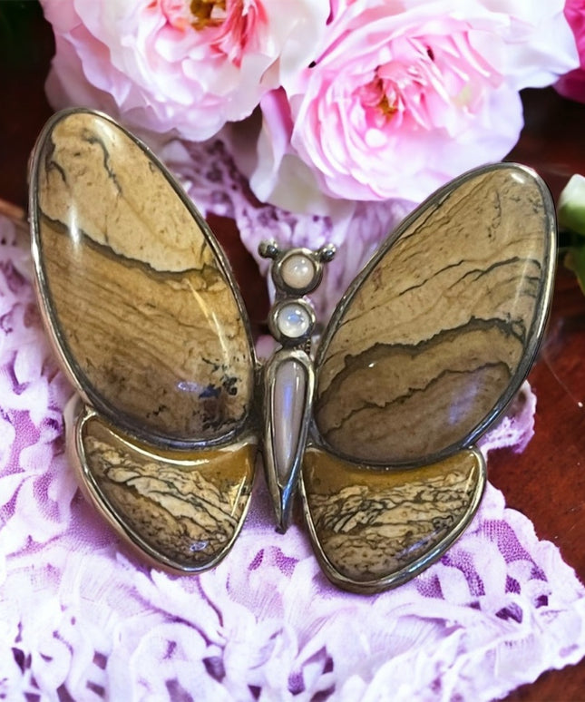 Lovely Butterfly Jasper Stone MOP Pearl Pendant Charm Sterling Silver 925 WK
