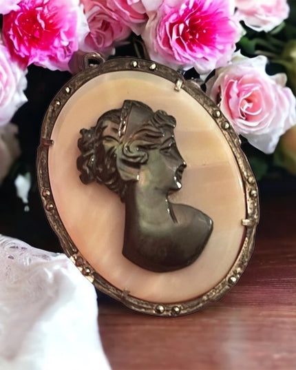 Antique 800 silver sterling MOP & Abalone hand carved pendant Cameo Brooch