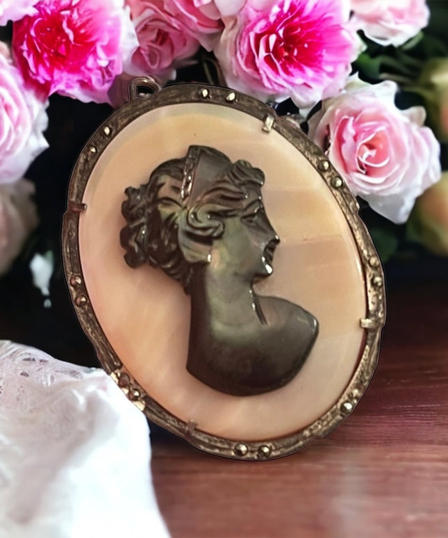 Antique 800 silver sterling MOP & Abalone hand carved pendant Cameo Brooch