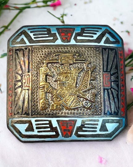 Vintage sterling silver 925 peru Rml Enamel brooch  Mayan Aztec