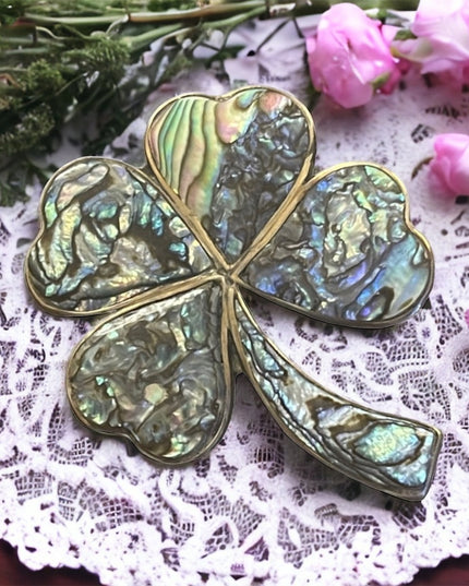 Vintage mid century silver Abalone Alpaca 4 leaf clover