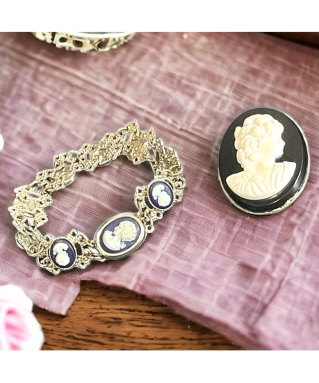 Vintage resin Cameo pairing brooch & bracelet silver finish