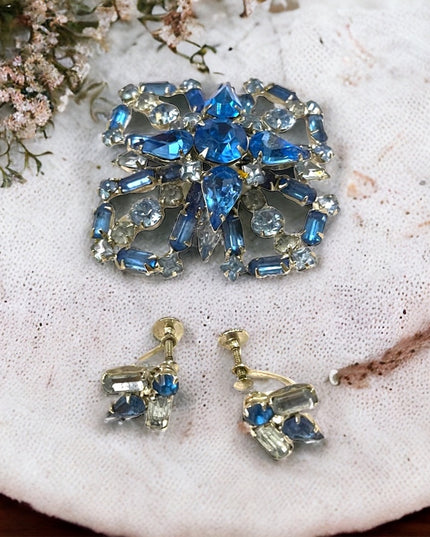 Vintage Large Blue fancy crystal brooch & earrings set “Carousel” screw back