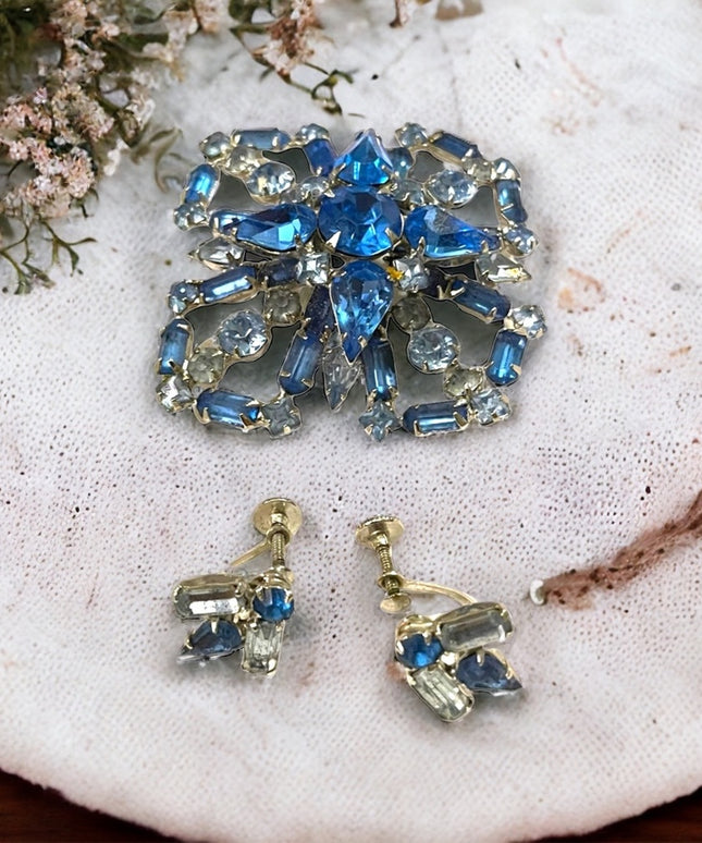 Vintage Large Blue fancy crystal brooch & earrings set “Carousel” screw back