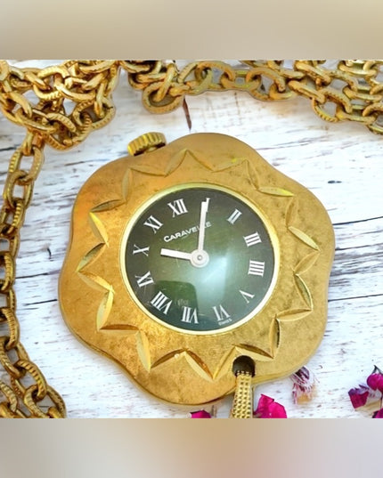 - Vintage eound ornate gold  high finish Caravelle Necklace watch Wind up