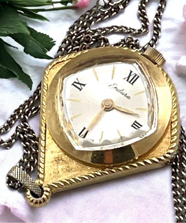 Vintage 1970s Endura gold finish tear drop pendant necklace watch