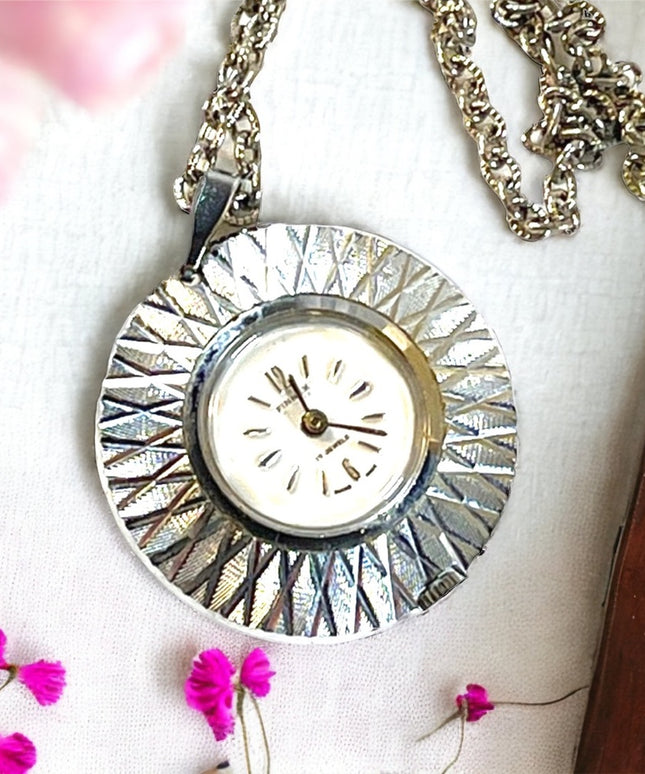 1960s Vintage 17 Jewel Silver finish fancy necklace watch