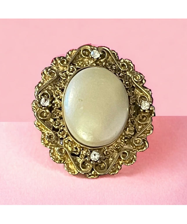 Vintage gold finish  with rhinestones and faux pearl fancy scarf clip