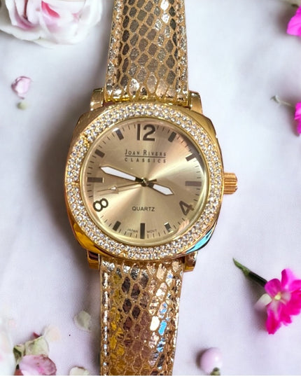 Joan Rivers Fancy chunky large statement watch with gold leather band rh…