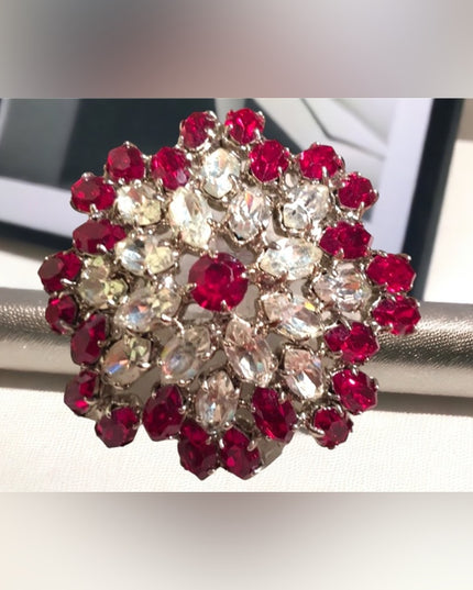 Vintage Red clear crystal fancy 1950 brooch chunky