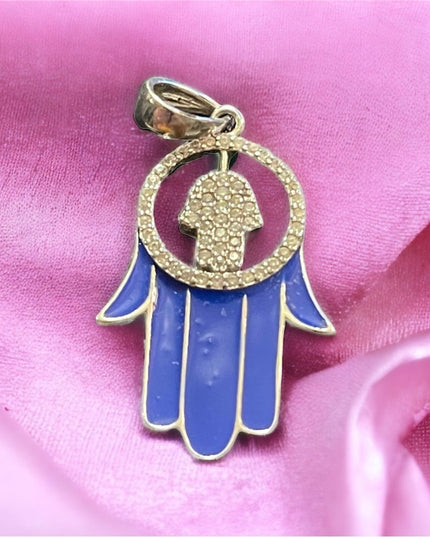 Blue enamel hand of Fatima Hamsa Crystal large sterling silver 925 pendant
