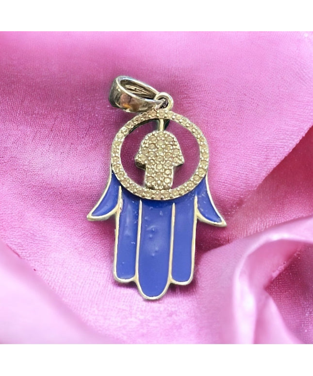 Blue enamel hand of Fatima Hamsa Crystal large sterling silver 925 pendant