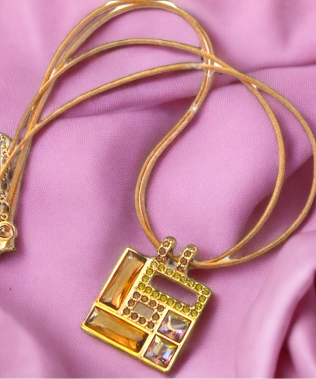 Swarovski Authentic (swan) Square crystal rose gold plt leather cord necklace