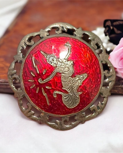 Rare Vintage Siam Sterling silver 925 Cherry red Enamel Goddess brooch