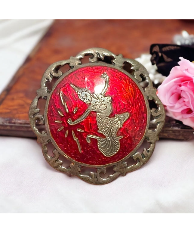 Rare Vintage Siam Sterling silver 925 Cherry red Enamel Goddess brooch